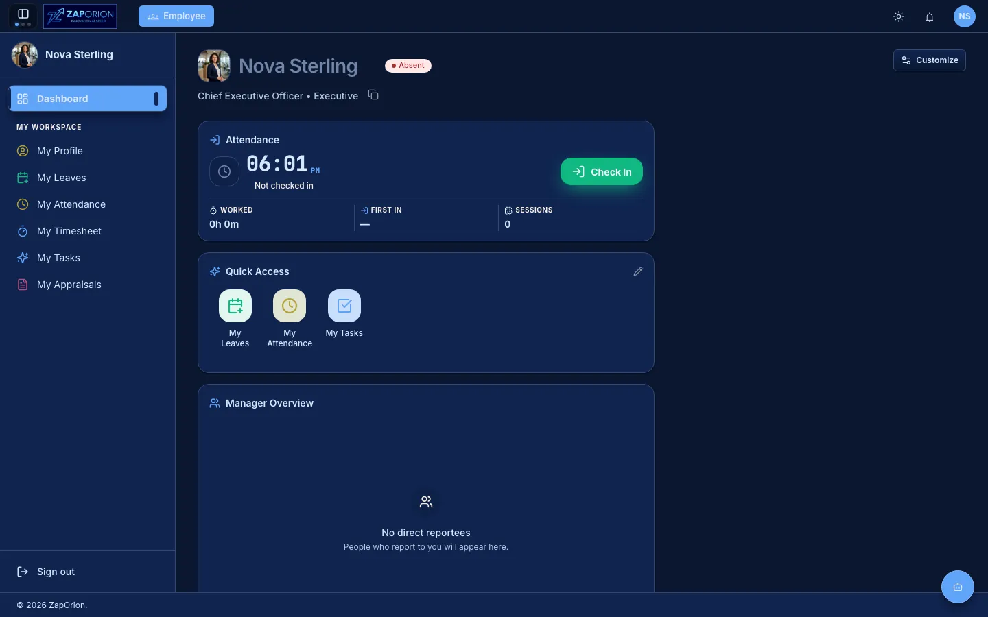 ZapHRMS Dashboard dark mode