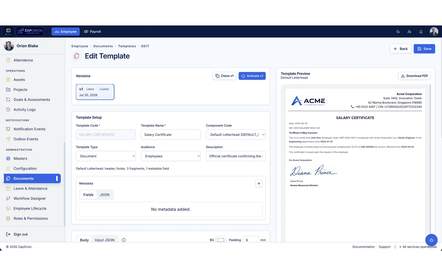 Edit Template — Salary Certificate