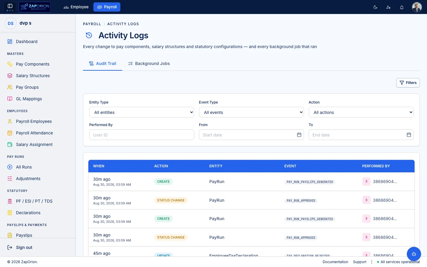 Payroll activity logs