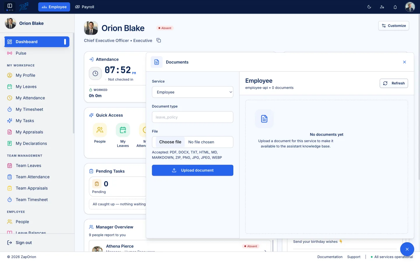 Policy document upload — Service Employee, Document type leave_policy, Choose file, Upload document