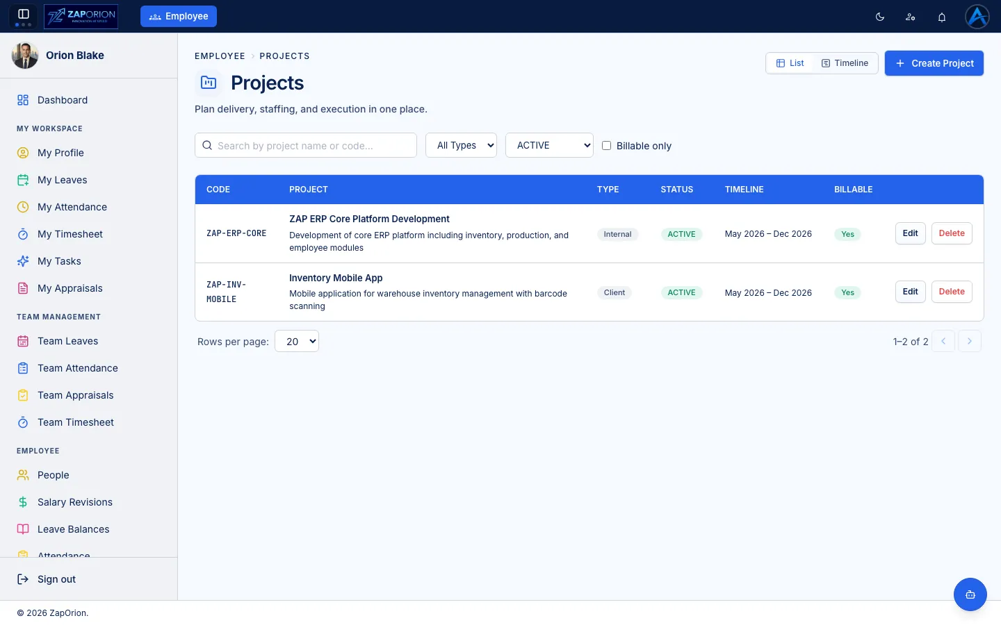 Projects screenshot